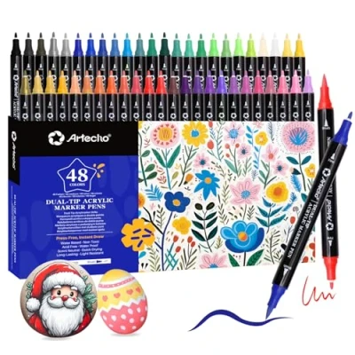 Abbildung von Artecho Acrylstifte 48 Farben, 0.5 5mm Wasserfester Dual Tip Marker (Pinsel und feine Spitze), mit doppelten Enden für Rock Painting, Glas, Papier, Holz, Ei, Leinwand, Keramik, Stoff, DIY Crafts
