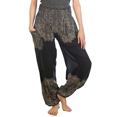 Abbildung von Lofbaz Damen Haremshose mit gesmoktem Boho Hosen Floral Schwarz Size M