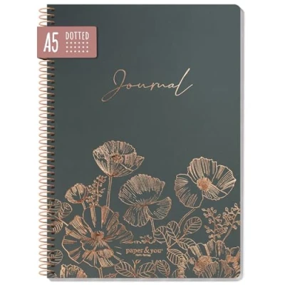 Abbildung von paper&amp;you® Bullet Journal dotted A5 mit Spiralbindung &quot;Poppy&quot; 160 Seiten, Notizbuch gepunktet Spirale, College Block, Spiral Notizblock nachhaltig &amp; klimafreundlich