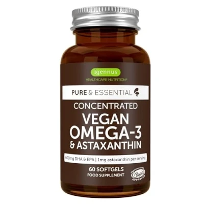 Abbildung von Omega 3 vegan, 60 Kapseln, 1344mg Algenöl pro Tag mit 600 mg DHA &amp; EPA, hochdosiert 1mg Astaxanthin, 1 Monat Vorrat, von Igennus