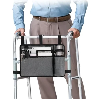 Abbildung von supregear Walker Tasche mit Getränkehalter, Wasserdicht Rollstuhltasche Falten Zubehör Korb für Rollstühle, Rollatoren, Roller, Grau