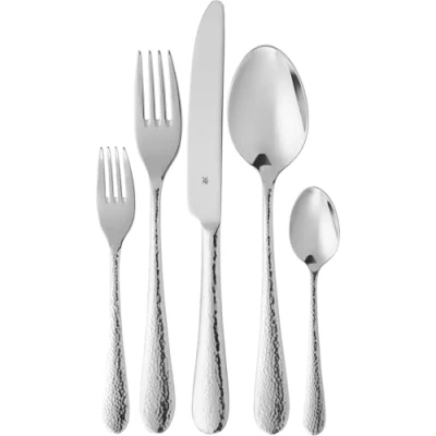 Abbildung von WMF Sitello Besteck Set 6 Personen, Cromargan, Essbesteck 30 teilig, Monobloc Messer, Cromargan Edelstahl poliert, Hammerschlag, ergonomisch, glänzend, spülmaschinengeeignet, silber