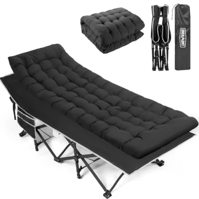 Abbildung von OVERMONT Klappbar Feldbett mit Matratze Faltbar Campingbett 190 x 71 36 cm bis 250kg Belastbar 2400D Oxfordgewebe Seitentasche Tragetasche für Camping Garten Büro Blau Schwarz