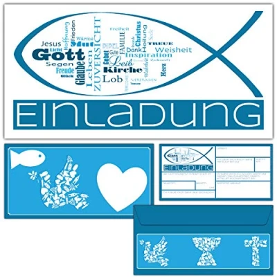Abbildung von 15er Set WORTWOLKE Einladungskarten mit Umschlag zur Kommunion Konfirmation Taufe zum Ausfüllen Einladungen für Jungen &amp; Mädchen von BREITENWERK