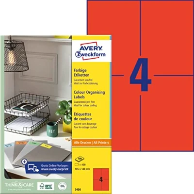 Abbildung von AVERY Zweckform 3456 Rote Etiketten (400 Aufkleber, 105x148mm auf A4, permanent haftend, selbstklebende Farbetiketten, Papier matt, bedruckbare, farbige Klebeetiketten) 100 Blatt