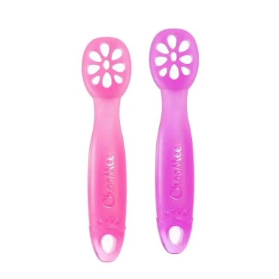 Abbildung von ChooMee FlexiDip Baby Starter Spoon Platinum Silicone First Stage Teething Friendly Learning Utensil 2 CT Pink Purple