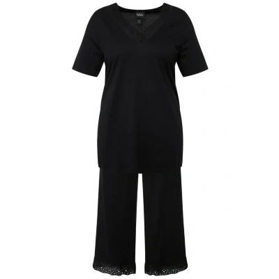 Abbildung von Ulla Popken Damen, Lochstickerei, V Ausschnitt, Halbarm, Modalmix Pyjama, Schwarz, 42 44
