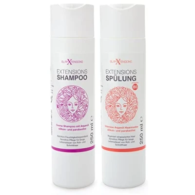 Abbildung von Extensions Shampoo und Spülung Set ohne Silikone hoher Anteil Arganöl Für Rohhaar, Echthaar, Pflege Haarverlängerungen Perücken Haarteile, 2 x 250ml