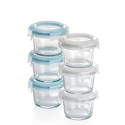 Abbildung von Grizzly Mini Glas Frischhaltedosen, Set 6x 130 ml, luftdicht, rund, Click Verschluss, Idealer Behälter für Babybrei, Beikost und Dips