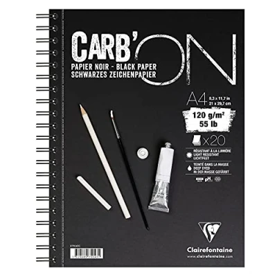 Abbildung von Clairefontaine 975043C Zeichenblock Carb&#039;On (120 g, ideal für Trockentechniken, DIN A4 21 x 29,7 cm, Doppelspiralbindung, 20 Blatt) schwarz
