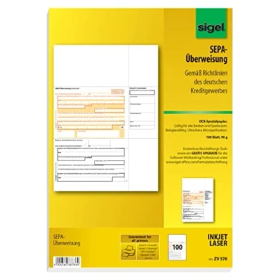 Abbildung von SIGEL ZV570 SEPA Überweisungen, A4, 100 Blatt, Überweisungsträger / Zahlschein, mit gratis Beschriftungsvorlage