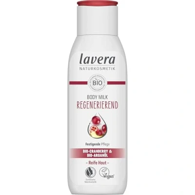 Abbildung von lavera Body Milk Regenerierend Naturkosmetik vegan Bio Cranberry &amp; Arganöl Festigende Pflege für reife Haut PETA zertifiziert Biologisch abbaubar Bodymilk 200 ml