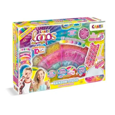 Abbildung von CRAZE loops Rainbow Studio Loom Bänder XXL Set mit 1300+ Gummibänder und viel Zubehör Kinder Bastelset Halsketten, Ringe Armbänder selber machen, Regenbogen