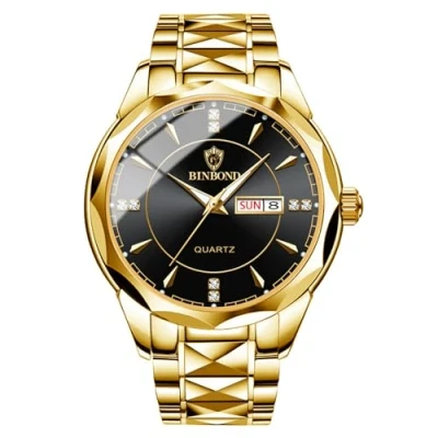 Abbildung von JewelryWe Herrenuhr Edelstahl Uhren Herren: 30m Wasserdicht Kalender Analog Quarz Armbanduhr Männer Gold Armband Lässig Business Uhr mit Schwarz Zifferblatt und Leuchtzeiger