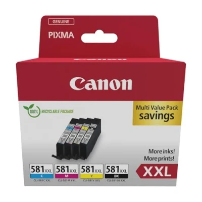 Abbildung von Canon CLI 581 XXL C M Y BK Vorteilspack 4 Tintenpatronen höchste Reichweite (Schwarz XXL, Cyan Magenta Gelb XXL) Original [Umweltfreundliche Recycle Kartonverpackung 2024]