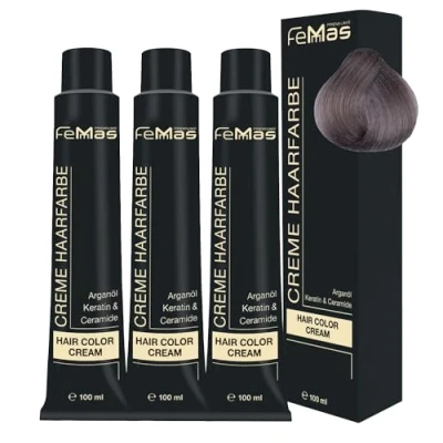 Abbildung von FemMas Haarfarbe 3x Lichtblond Asch Intensiv 9.11 I Professionelle Creme mit Arganöl, Keratin &amp; Ceramiden dauerthafte Haarfärbung oder Tönung für strahlende Farbergebnisse 100 ml