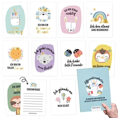 Abbildung von Papierdrachen 32 Affirmationskarten mit positiven Statements Achtsamkeitskarten Geschenkbox Motivationskarten Stress bewältigen Selbstliebekarten Geschenkidee Tiere Set 2