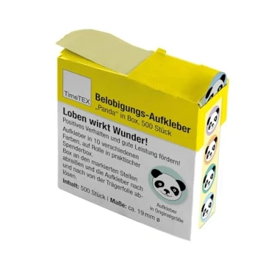 Abbildung von TimeTEX Belobigungs Aufkleber &quot;Panda&quot; Lehrersticker für motivierendes Feedback 500 Sticker in praktischer Spender Box 1 Motiv mit verschiedenfarbigen Hintergründen 19 mm ø
