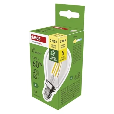 Abbildung von EMOS LED Lampe Edison Mini Globe, 3,8W Ersatz für 60W Glühbirne, A Klasse Vintage Birne E14 Sockel, Helligkeit 806 lm, Warmweiß 2700 K, lange Lebensdauer 50000h, CRI min. 80, 360 Abstrahlwinkel