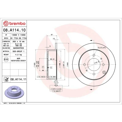 Abbildung von BREMBO Bremsscheibe KIA: Magentis I, Optima / K5, HYUNDAI: Matrix COATED DISC LINE 262mm 10mm 4 voll beschichtet 08.A114.11 5841138300,5841138310