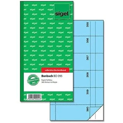 Abbildung von SIGEL BO095 Bonbuch Bonblock, 360 Abrisse blau, 10,5 x 20 cm, 2x60 Blatt, selbstdurchschreibend, aus nachhaltigem Papier