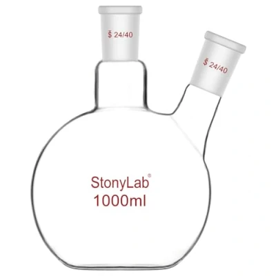 Abbildung von stonylab Flachbodenkolben FBF, Schwerwandiger 2 Hals Laborkolben Borosilikatglas Flachboden Siedekolben mit 24/40 Standard Gelenk, 1000 ml