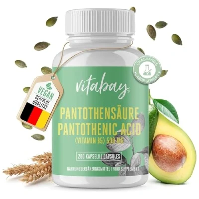 Abbildung von Vitabay Vitamin B5 Pantothensäure 500 mg 200 VEGANE Kapseln hochdosiert Panthenol Tabletten Pantothenic Acid Magensaftresistentes Vegan