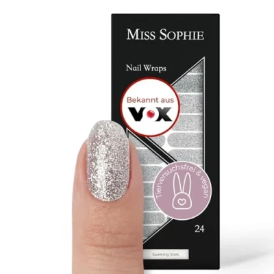 Abbildung von Original Miss Sophie Nagelfolien Sparkling Stars I 24 ultra dünne Nagellack Streifen mit Glitzer in Silber Für Finger &amp; Fußnägel Hält auf Natur sowie lackierten, Acryl , Gel Shellac Nägeln
