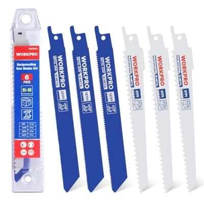 Abbildung von WORKPRO Säbelsägeblätter Set 6 teilig aus Bi Metall, Sägeblätter zum Schneiden von Holz mit Nägeln, Holz, Kunststoff, Aufbewahrungsbox, Kompatibel gängigen Säbelsägen