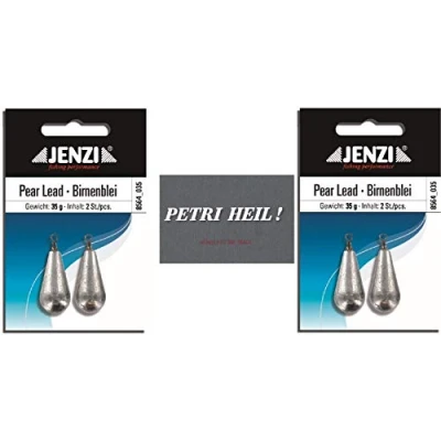 Abbildung von .Jenzi Set: 2 Packungen Birnenblei, 35 Gramm, x Stück,mit Wirbel/Öse .+ gratis Petri Heil! Aufkleber