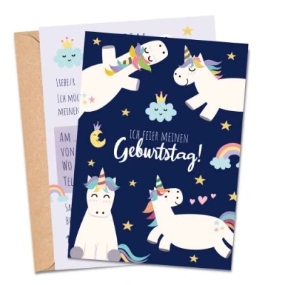 Abbildung von MeinBaby123® 10 Einladungskarten Kindergeburtstag Mädchen süße Geburtstagseinladungen für Kinder Einhorn inkl. Briefumschläge Premium Qualität (Einhorn V2)
