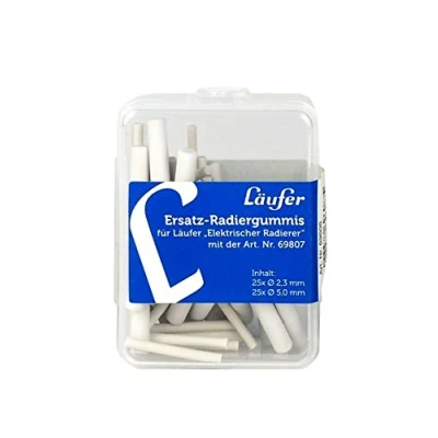 Abbildung von Läufer 69608 Ersatzradierer in 2 Größen für Elektrischer Radiergummi, 25 Stück Ø 2,3 mm und 5 mm, wiederverschließbare Box, batteriebetriebenen Radierstift