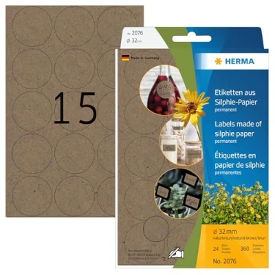 Abbildung von HERMA 2076 Vielzweck Etiketten aus Graspapier rund, 24 Blatt, Ø 32 mm, 15 Stück pro Bogen, 360 Aufkleber, selbstklebend, Haushaltsetiketten zum Beschriften, Silphie Papier Klebeetiketten, natur braun