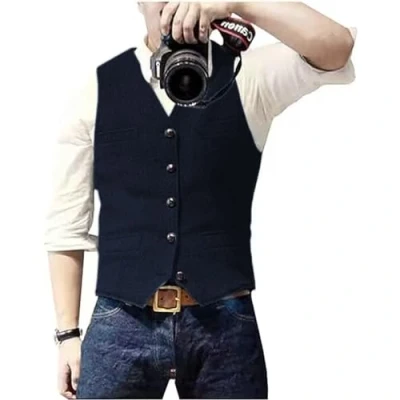 Abbildung von Solovedress Herren Casual Wolle Fischgrätmuster Anzug Weste V Ausschnitt Tweed für Hochzeit Groomsmen(Dunkelmarine,XL)
