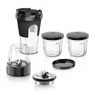 Abbildung von Bosch Zubehör Set TastyMoments MUZ45XTM1, 5 in 1 Multi Zerkleinerer (Mixen, Mahlen, Hacken, Aufbewahren, ToGo Lösung), Schwarz/transparent, Für MUM5, MUM4, MUM Serie 2 Und 4