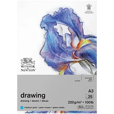 Abbildung von Winsor &amp; Newton 6689748 Zeichenpapier im Block 25 Blatt A3, 220g/m², mittlere Körnung, natürliches Weiß, säurefrei, Alterungsbeständig, Ideal für Bleistift, Buntstift, Pastell und Kohle