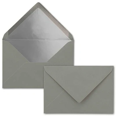 Abbildung von Kuverts Graphit Grau 25 Stück Brief Umschläge DIN C6 114 x 162 mm 11,4 16,2 cm Nassklebung matte Oberfläche &amp; Silber Metallic Fütterung ohne Fenster für Einladungen