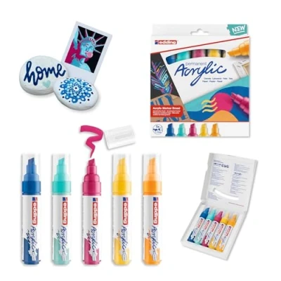 Abbildung von edding 5000 Acrylmarker gelb, sonnengelb, blau, pink, türkis 5 Acrylfarben Set (abstrakt) Keilspitze 10 mm Acryl Farben zum Malen auf Leinwand, Holz Acrylstifte für Steine wasserfest