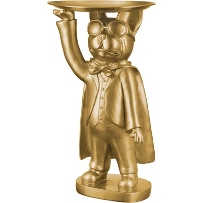 Abbildung von Casablanca Deko Figur Skulptur aus Kunstharz Tierfigur Hund französiche Bulldogge mit Tablett weiß Silber Geschenk Tisch Dekoration Wohnzimmer Schlüsselablage Höhe 31 cm
