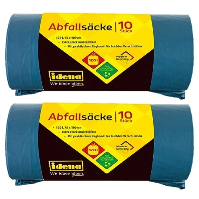Abbildung von Idena 50056 2 Abfallsäcke Set, Rollen mit jeweils 10 Stück, blau, 120 Liter, 40µ extra stark und reißfest, praktischem Zugband, Zugbandsäcke