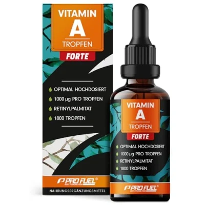 Abbildung von Vitamin A Tropfen FORTE 1000 µg pro 1800 mit aus Retinylpalmitat optimal hochdosiert &amp; bioverfügbar ohne Zusatzstoffe laborgeprüft Zertifikat 100% vegan