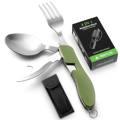 Abbildung von Hikenture Outdoor Besteck 4 In 1 Campingbesteck Messer Gabel Löffel Flaschenöffner Set aus Edelstahl mit Gürteltasche Klappbesteck für Camping und (Grün)