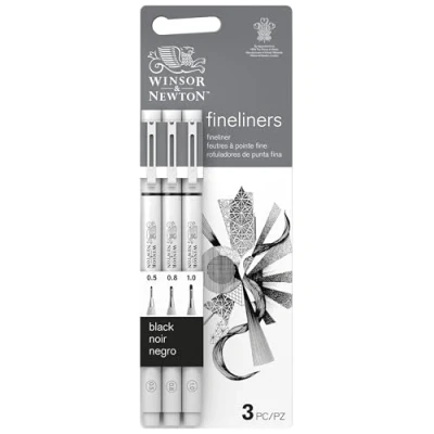 Abbildung von Winsor &amp; Newton 0290179 Fineliner Set, 3 Pigment Liner für exakte Linien und Outlines, hohe Qualität, Pigmenttinte, dokumentenecht, lichtbeständig Linenbreite, 0.5 mm, 0.8 1.0 mm schwarz