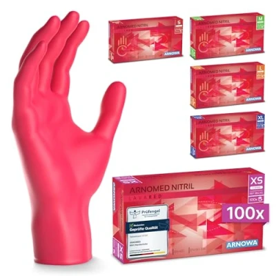 Abbildung von ARNOMED Einweghandschuhe Rot 100 Stück/Box, Einmalhandschuhe XS, Nitrilhandschuhe, Handschuhe Einweg puderfrei, latexfreie Gummihandschuhe, in S, M, L &amp; XL verfügbar