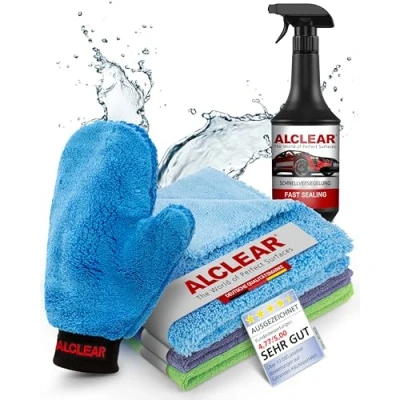 Abbildung von ALCLEAR 8201050 Autopflegeset für Tiefenglanz, mit Lack &amp; Scheiben Trockentuch, Auto Poliertuch, Lackversiegelung, Felgenhandschuh, Cockpittuch
