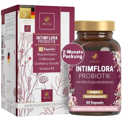 Abbildung von Vitactiv INTIMFLORA PROBIOTIK Milchsäurebakterien 60 Probiotika Kapseln für Frauen bzw. Scheidenflora 6 Stämme, 130 Mrd. KbE/g, Akazienfasern Präbiotika D Mannose, Cranberry, Vitamin B3