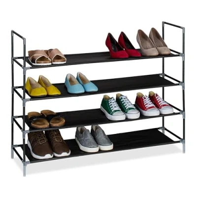 Abbildung von Relaxdays Schuhregal, 4 Ebenen, HBT: 75x100x28 cm, Metall Schuhablage, Stoff Ablage, Schuhgestell, schwarz/transparent