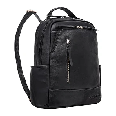Abbildung von STILORD &#039;Aiden&#039; Vintage Leder Rucksack Moderner Backpack für Damen &amp; Herren 13,3 Zoll Laptop Daypack Tagesrucksack Arbeit Uni Business Freizeit Echtleder mittel groß, Farbe:schwarz