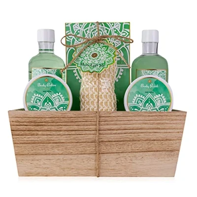 Abbildung von Accentra Duschset Frauen Geschenkset ALOE VERA im Holzkorb 6 teiliges Pflegeset mit Duschgel, Schaumbad, Badesalz, Bodylotion uvm Wellness Geschenk Set zum Geburtstag, Valentinstag &amp; Weihnachten