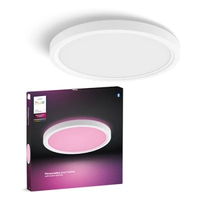 Abbildung von Philips Hue Devote Smart LED Panel Licht, weißes und farbiges Ambiente, rund 30 cm, 16,6 W, 2000 Lumen, weißer Rahmen für Innenbeleuchtung, Decke, Wohnzimmer, Küche, Flur